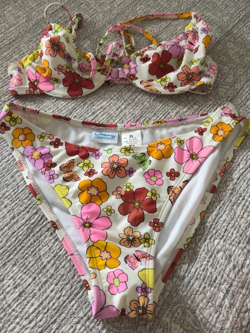 California Waves Floral Bikini Set in White with Pink, Yellow & Red Flowers
